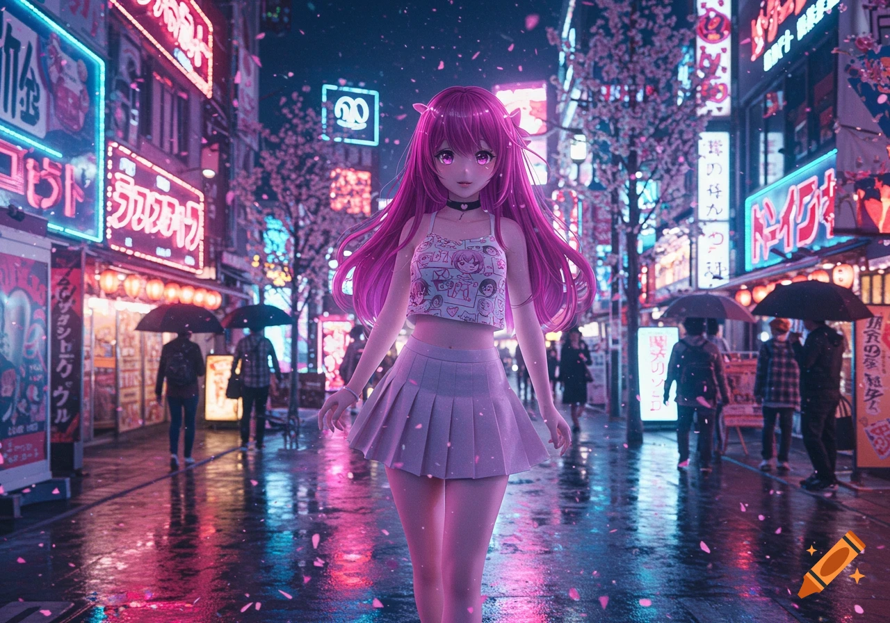 An anime girl with long pink hair in a crop top and pleated skirt stands on a rainy city street at night, lit by neon signs.