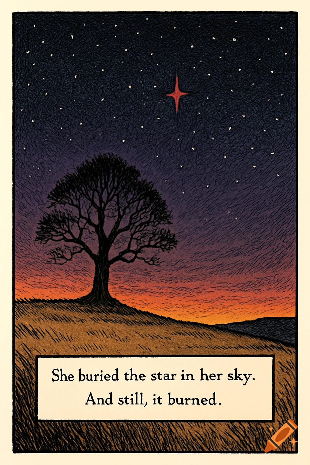 A graphic novel style illustration of a silhouette tree on a hill against a sunset sky with a single red star. A caption reads: "She buried the star in her sky. And still, it burned."