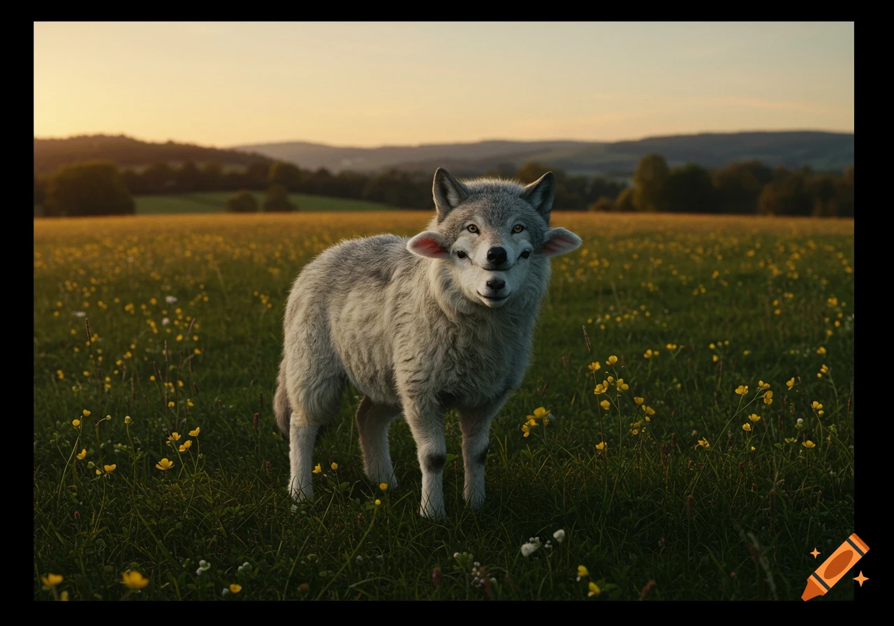 Photorealistic image of a wolf with a lamb's head fused below its chin and lamb ears, standing in a field of yellow flowers at sunset.