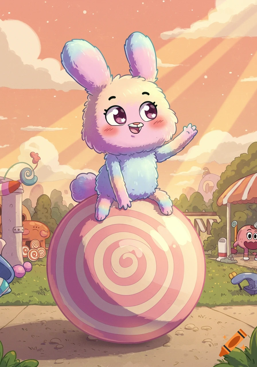 A fluffy, rainbow-colored cartoon bunny sits on a giant pink and white striped candy ball in a whimsical outdoor park at sunset.