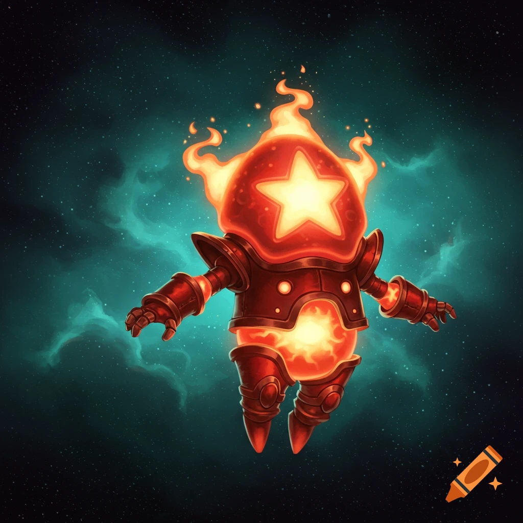 A cute red armored creature with a glowing yellow star for a head and fiery elements, floating in a teal and black cosmic background.