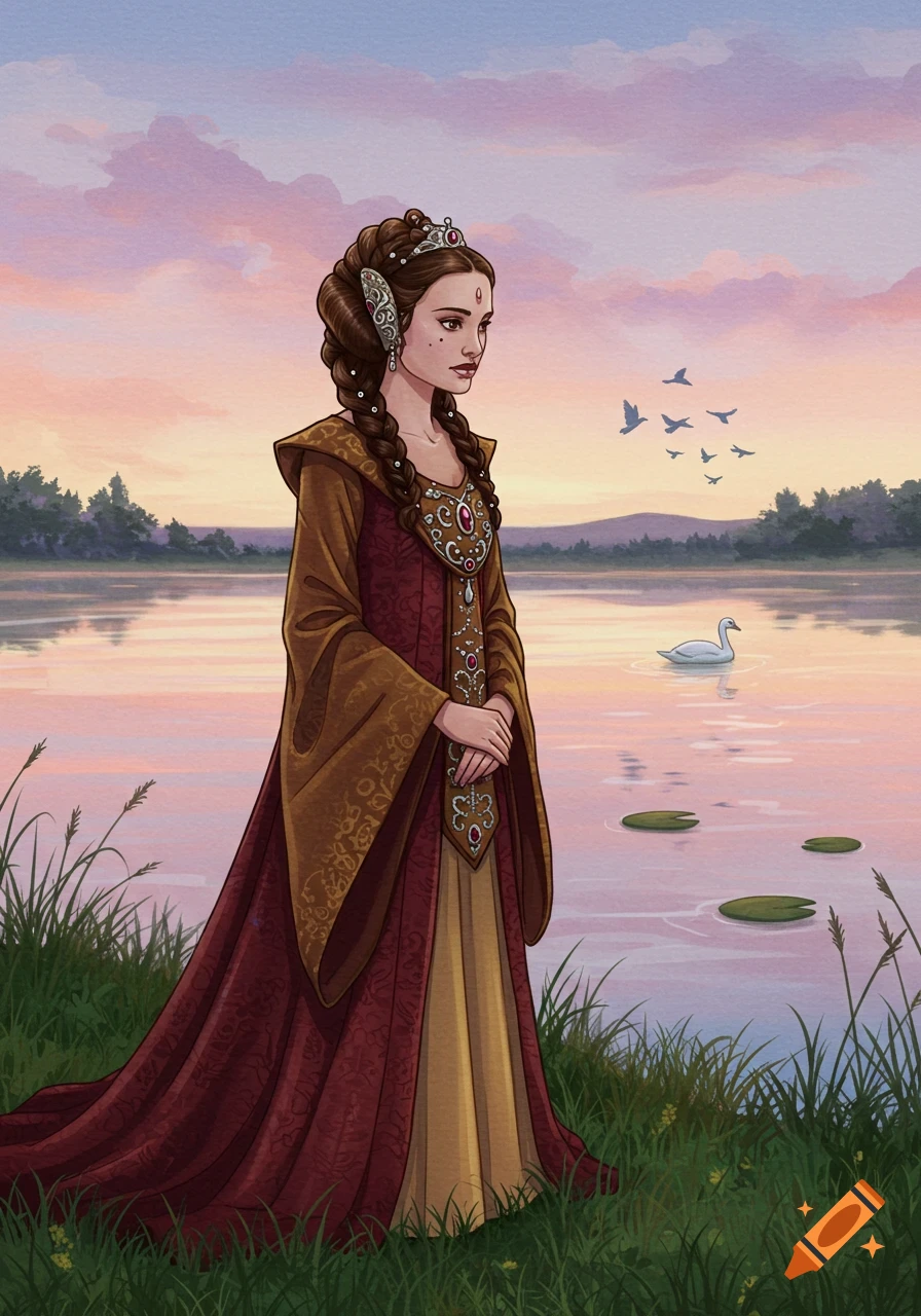 An illustrated portrait of a regal woman with braided hair and a crown, wearing an elaborate red and gold gown, standing by a lake at sunset with a swan and birds.