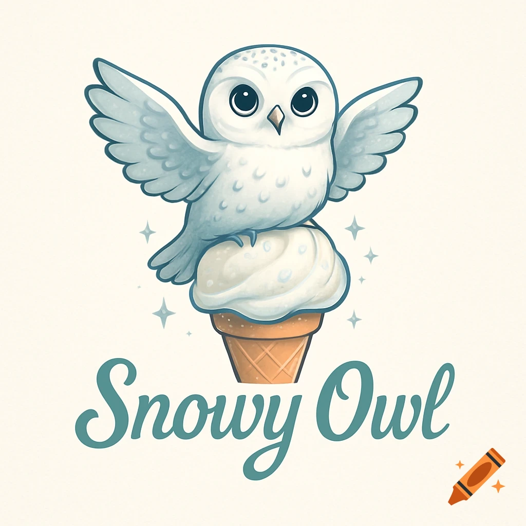 A cute cartoon snowy owl with outstretched wings sitting atop an ice cream cone, with the words "Snowy Owl" written below.