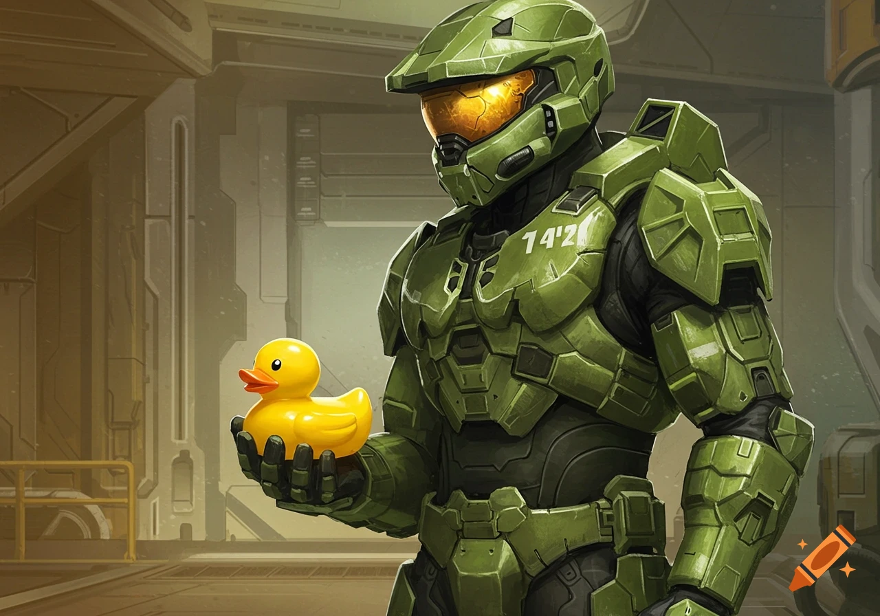 Master Chief in green armor holds a small yellow rubber duck in a sci-fi corridor, depicted in a detailed, illustrative style.