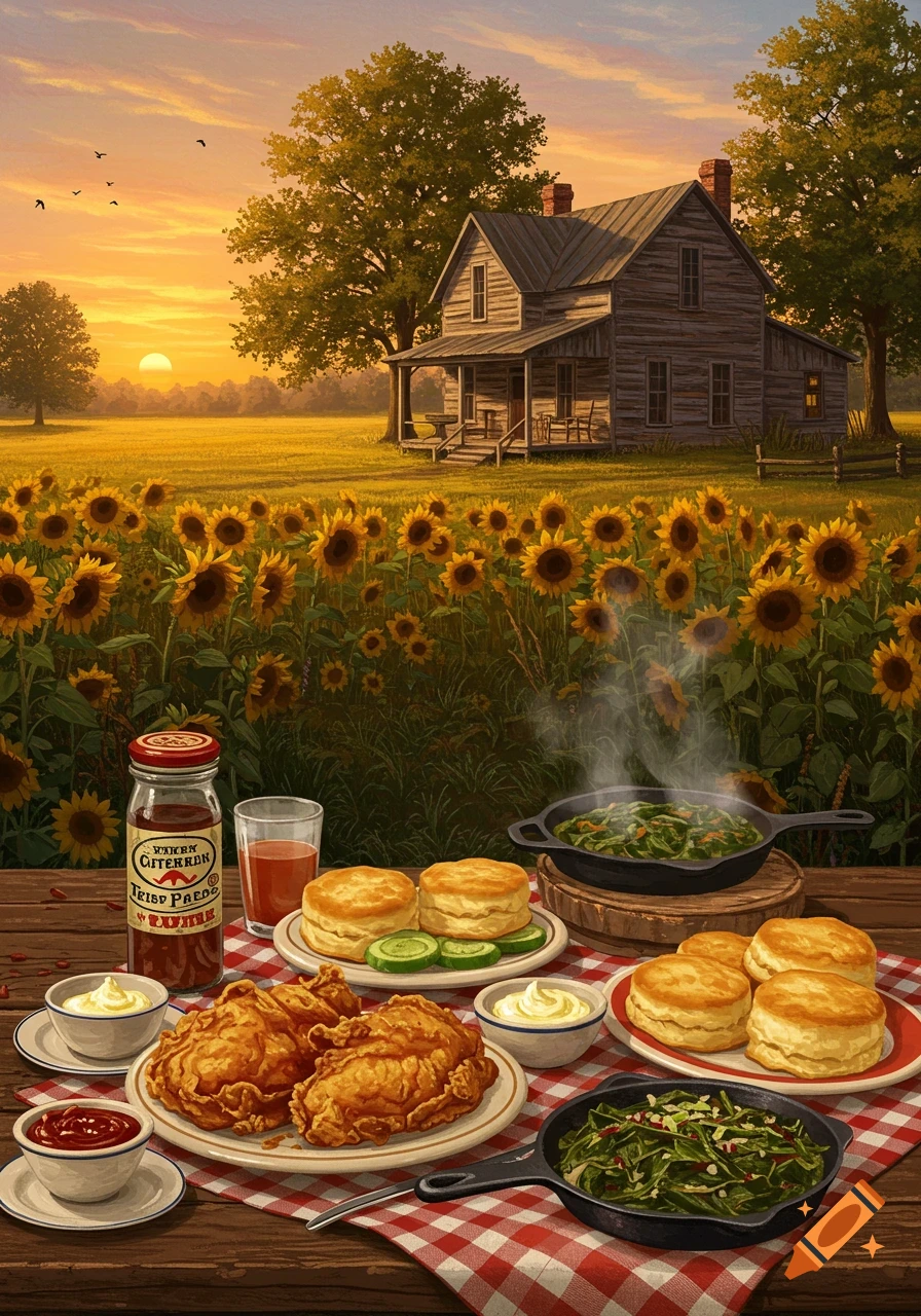 Fried chicken and biscuits on a picnic table in a sunflower field with a farmhouse at sunset, painterly style.