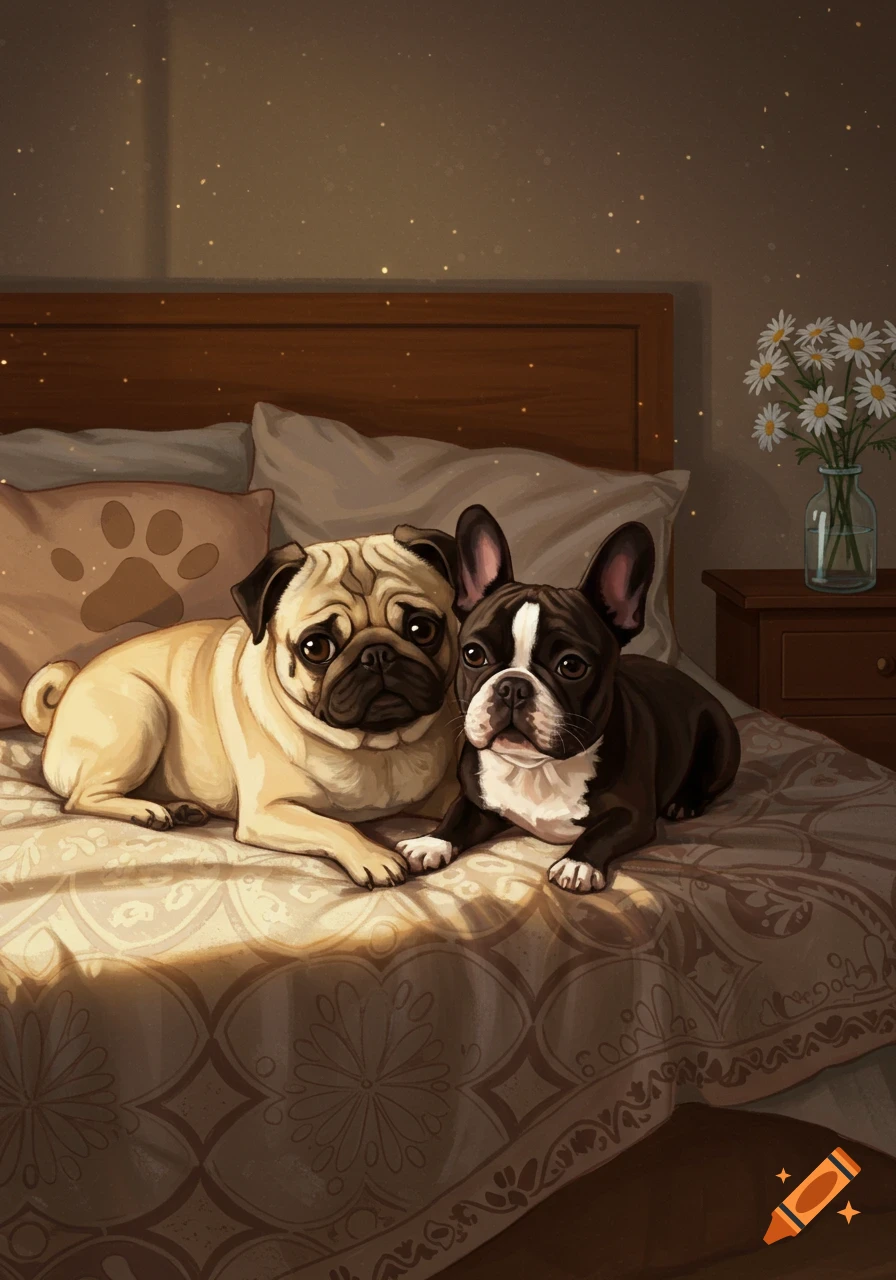 A fawn pug and a black-and-white French bulldog lie together on a patterned bed, in an illustrative style.