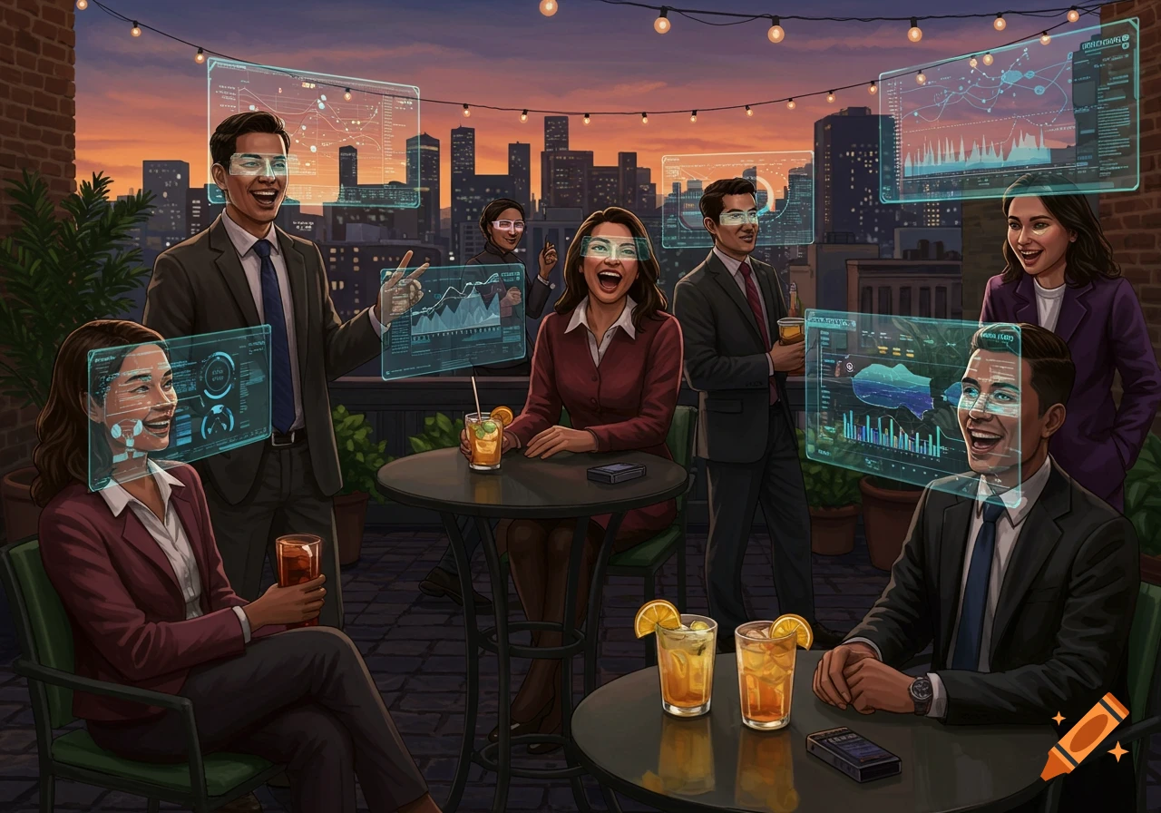 Group of diverse business professionals at a rooftop happy hour with a city skyline at sunset, interacting with augmented reality displays.