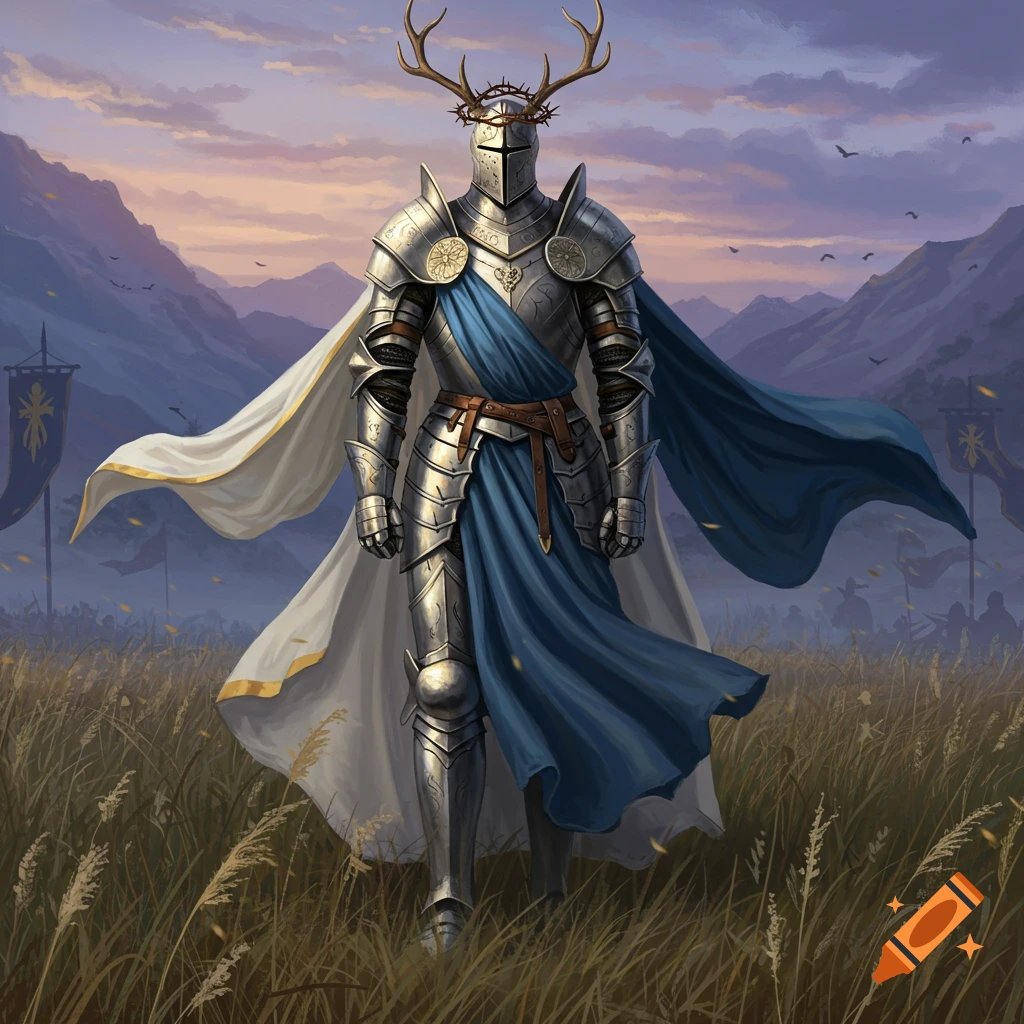 A majestic knight in silver armor with a blue and white cape, a helmet with antlers and a crown of thorns, stands in a grassy field with mountains at sunset.