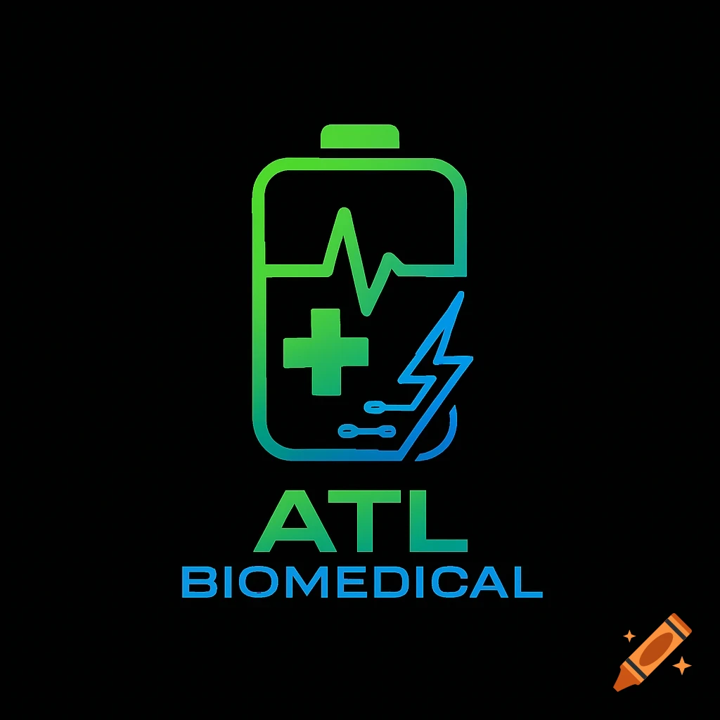 Logo for ATL BIOMEDICAL featuring a green and blue battery icon with a medical cross, ECG wave, and lightning bolt, on a black background.