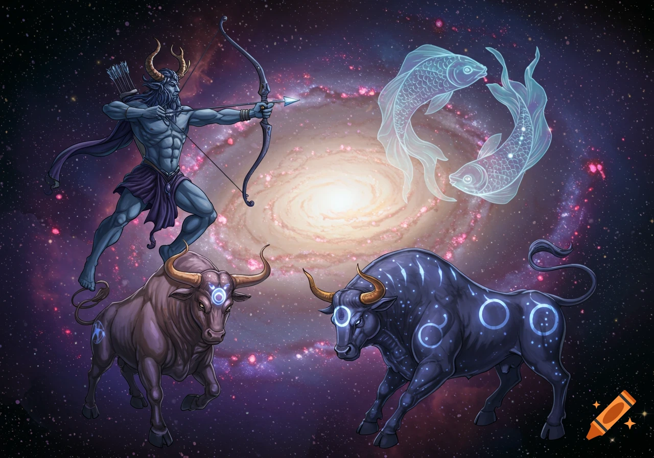 An epic illustration featuring zodiac signs in space: a horned archer representing Sagittarius, two mystical bulls representing Taurus, and two glowing fish representing Pisces, set against a vibrant galaxy background.