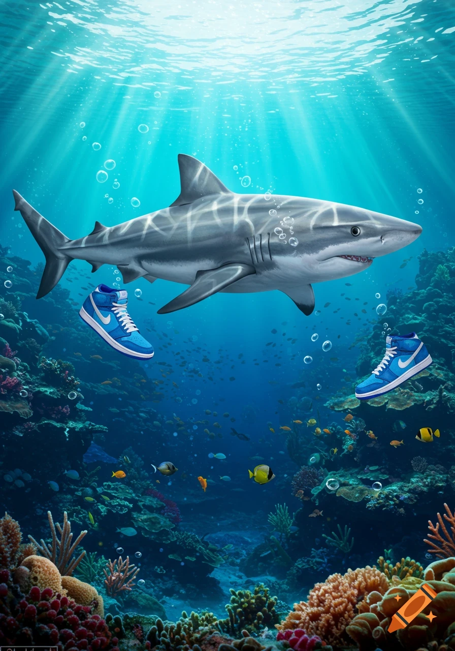 A realistic shark swims underwater over a coral reef, with two blue Nike high-top shoes floating near it.