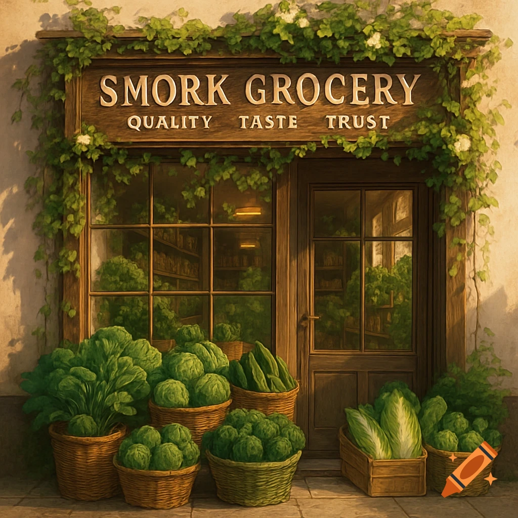 A quaint grocery store named Smork Grocery with a wooden facade, large window, and baskets of green vegetables outside.