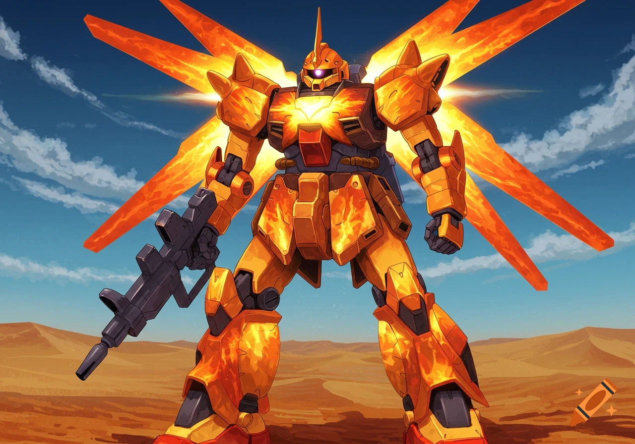A giant orange and yellow anime-style mecha with glowing fiery wings stands in a desert under a blue sky, holding a rifle.