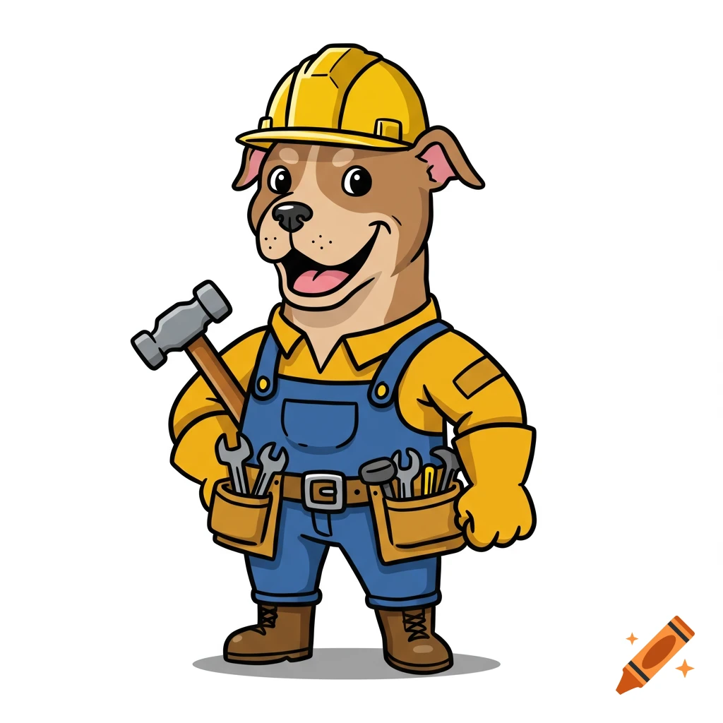 Smiling cartoon pitbull dog in a construction worker outfit with a yellow hard hat, blue overalls, and tool belt, holding a hammer in vector style.