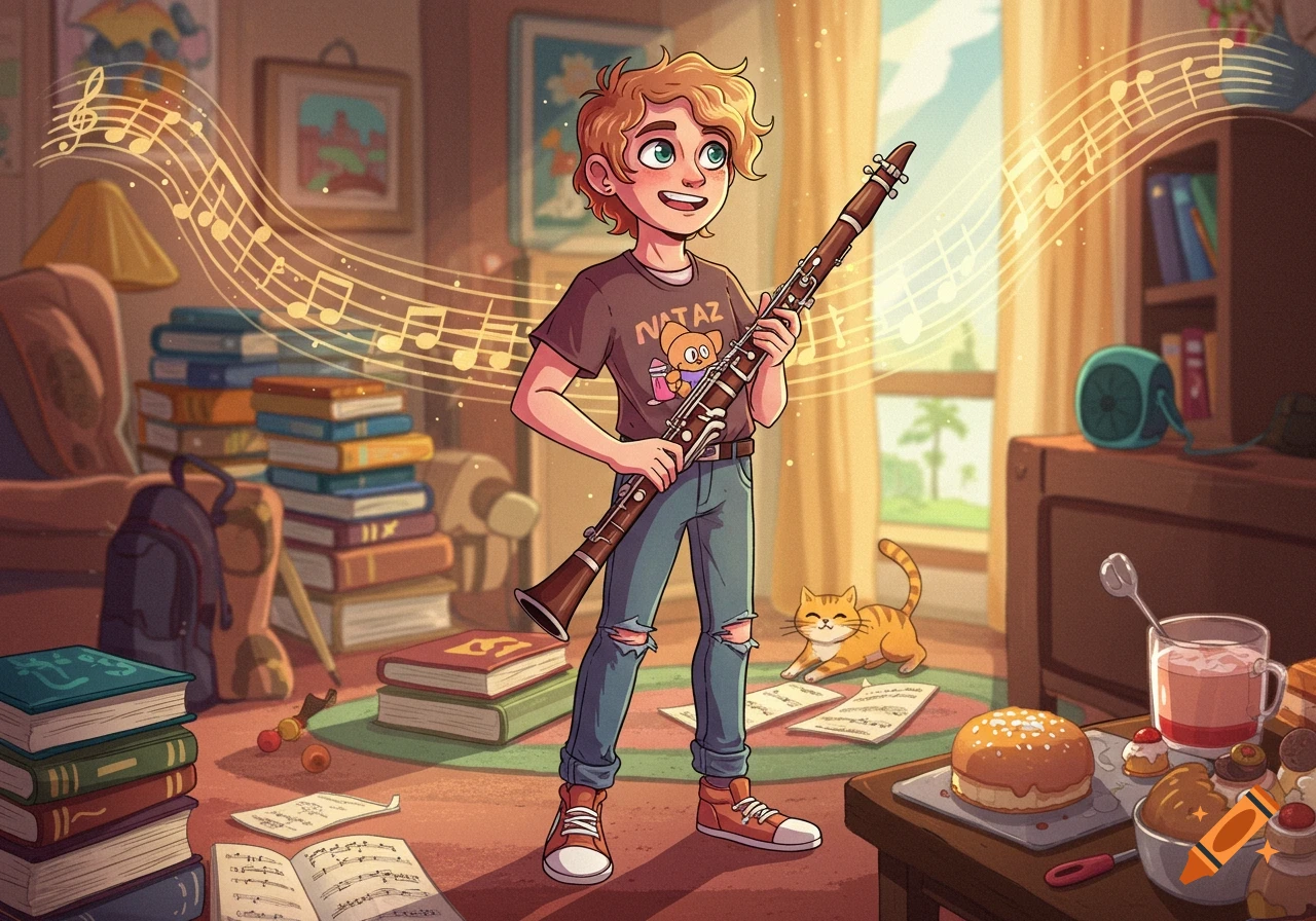 A smiling, curly-haired cartoon boy holds a clarinet amidst a swirl of musical notes in a sunlit room filled with stacks of books and a lounging cat.