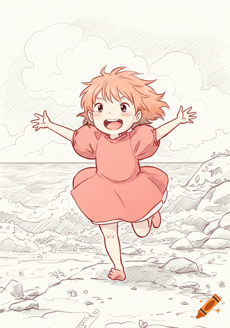 Joyful red-haired anime girl in a pink dress running on a sandy beach with ocean and rocks in a sketch style.