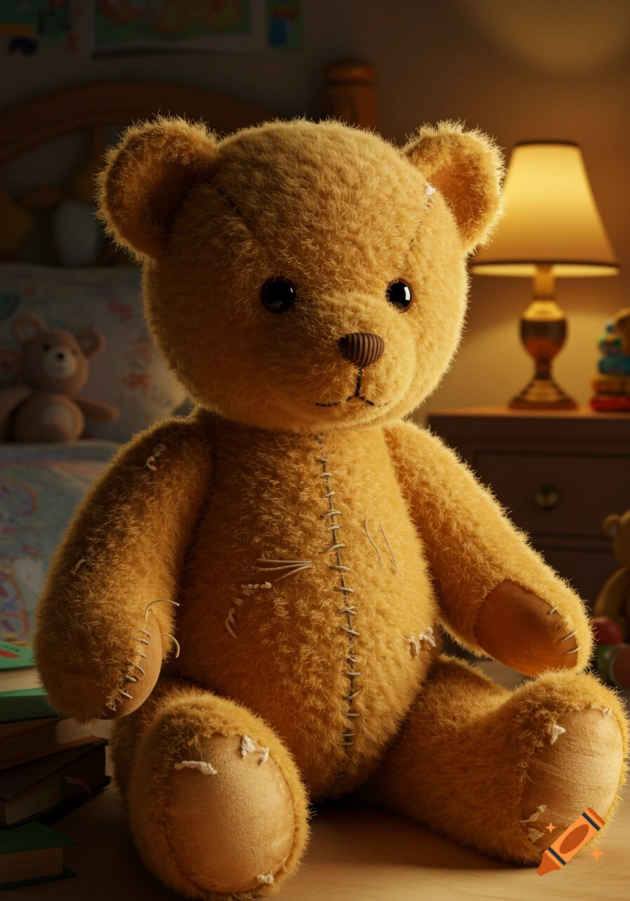 A photorealistic teddy bear with visible, mended seams sits in a dimly lit room with a lamp in the background.