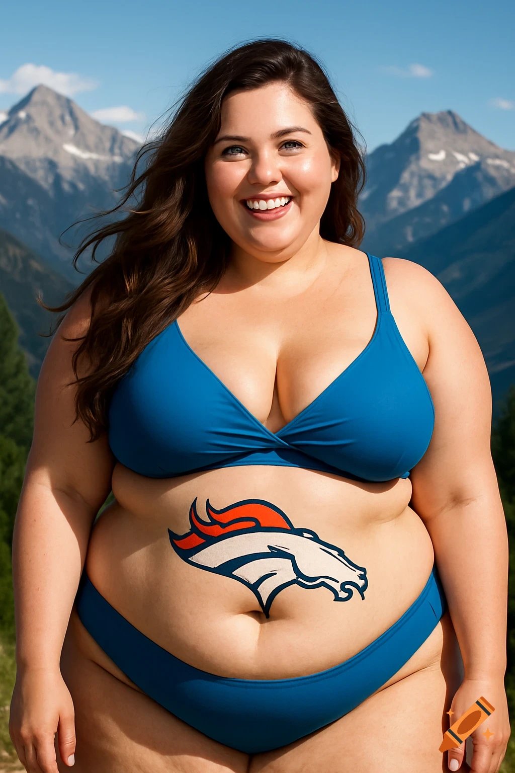 A smiling overweight brunette woman in a blue bikini with a Denver Broncos logo on her stomach stands in front of mountains.
