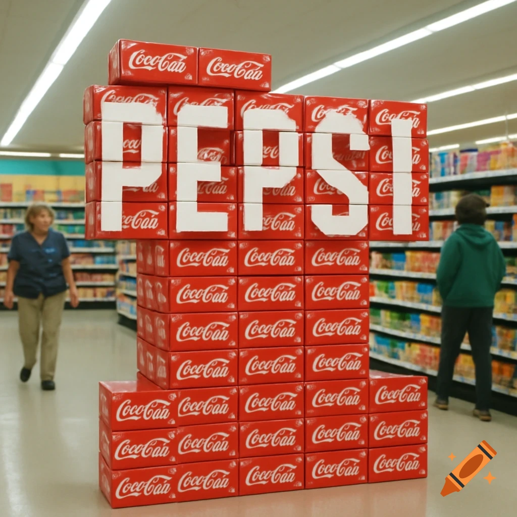 A large display of red Coca-Cola boxes in a supermarket aisle, arranged to spell out the word "PEPSI" in white letters.