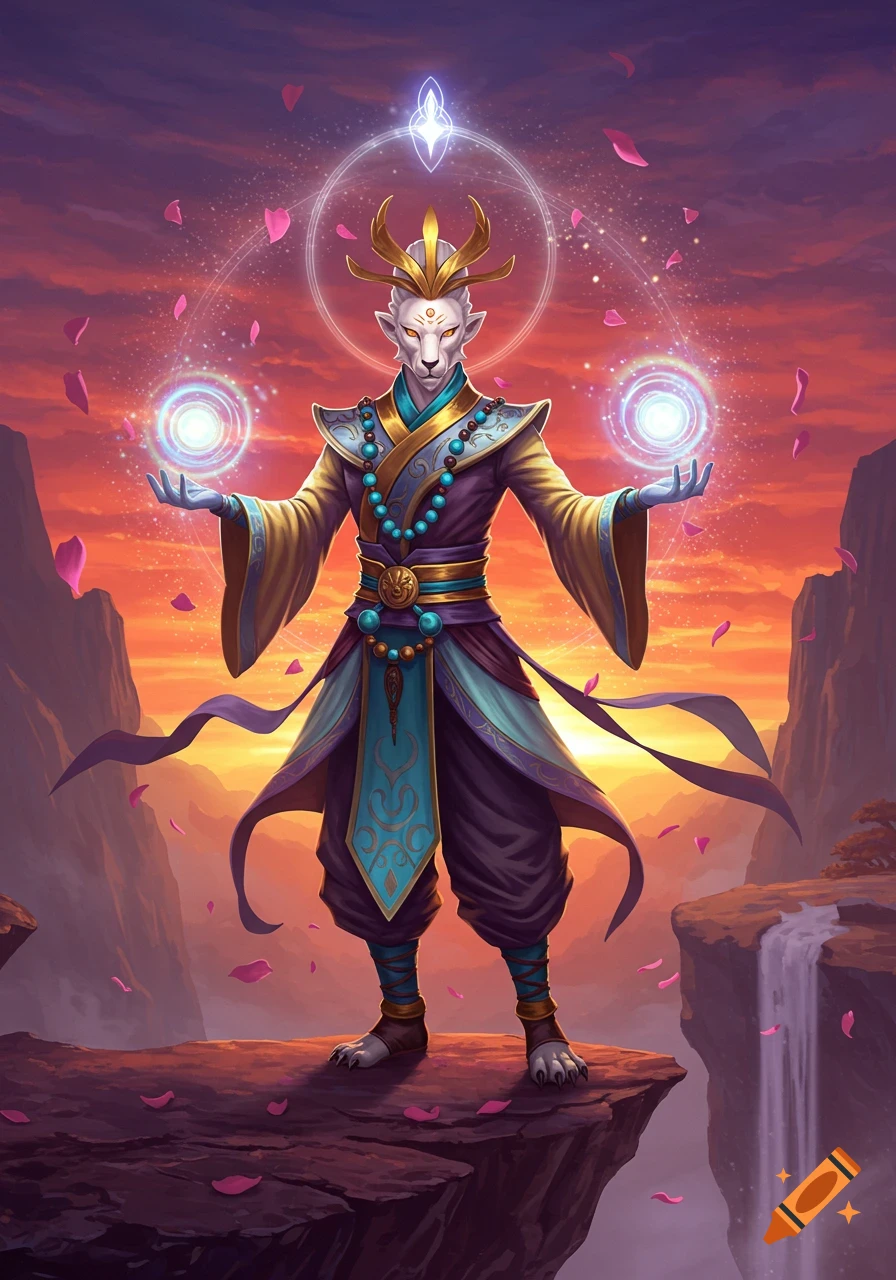 A mystical anthropomorphic cat-like creature with golden horns and ornate robes stands on a cliff at sunset, holding glowing blue orbs with pink petals falling around them.