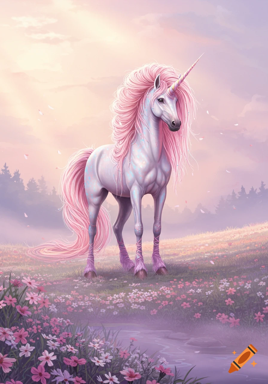 A majestic white unicorn with a long pink mane and tail stands in a field of pink and purple flowers under a pastel sky.