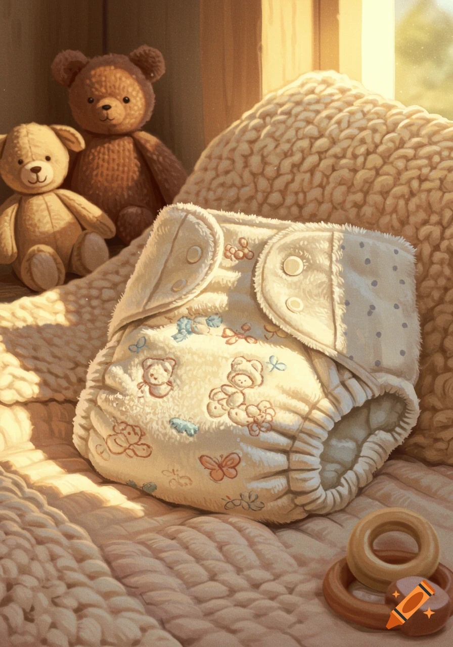 A cream-colored baby diaper patterned with bears and butterflies sits on a woven blanket, with two teddy bears and a wooden toy.