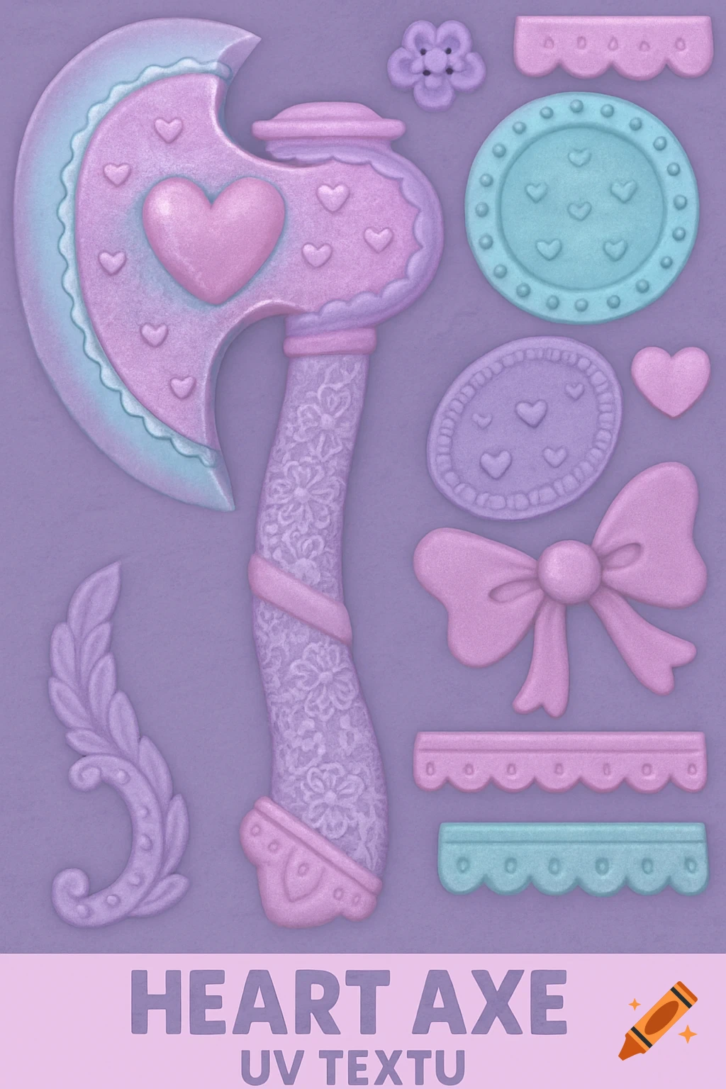 Pastel pink and lavender heart axe with ornate details, surrounded by matching decorative elements. Flat, stylized illustration.