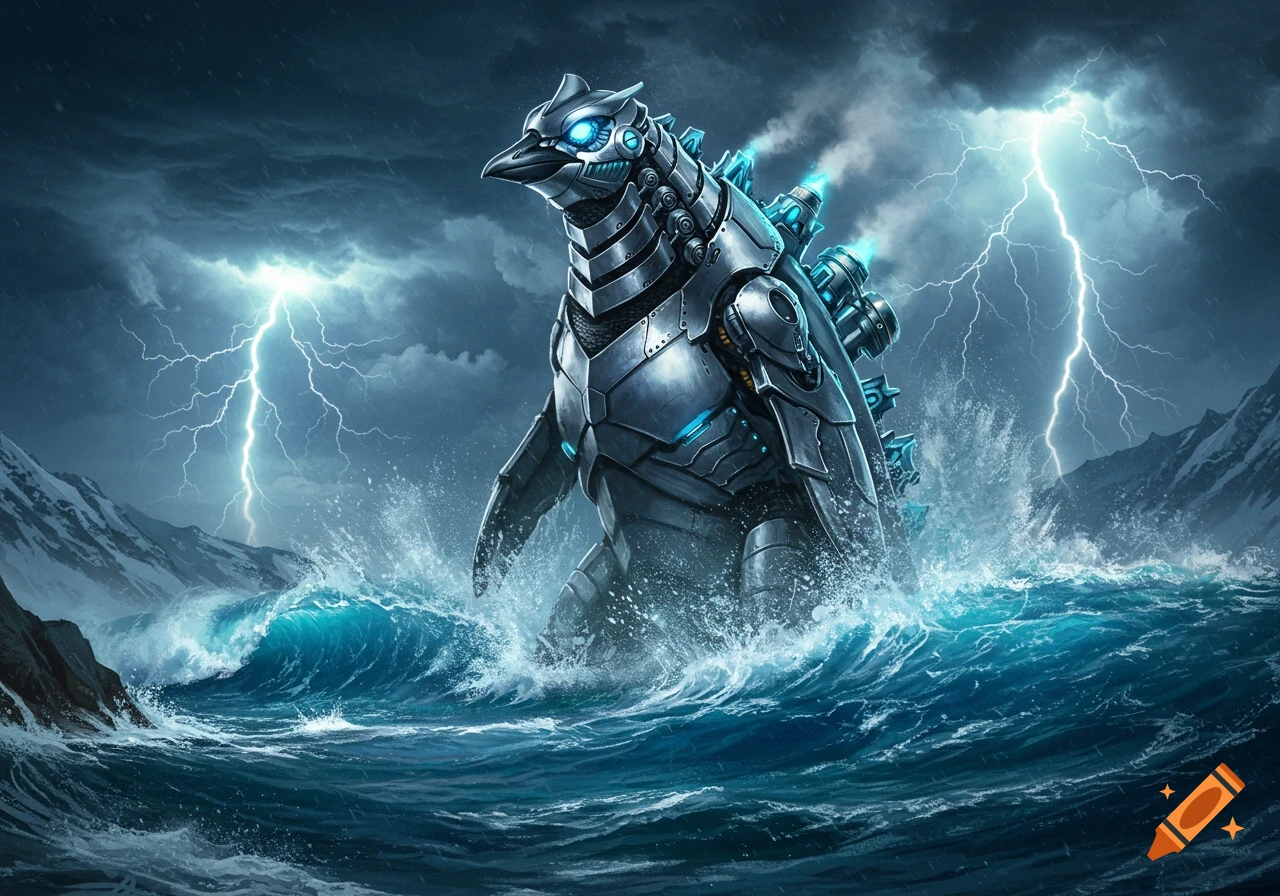A giant metallic penguin-Mechagodzilla hybrid emerges from a stormy ocean, with lightning and mountains in the background.