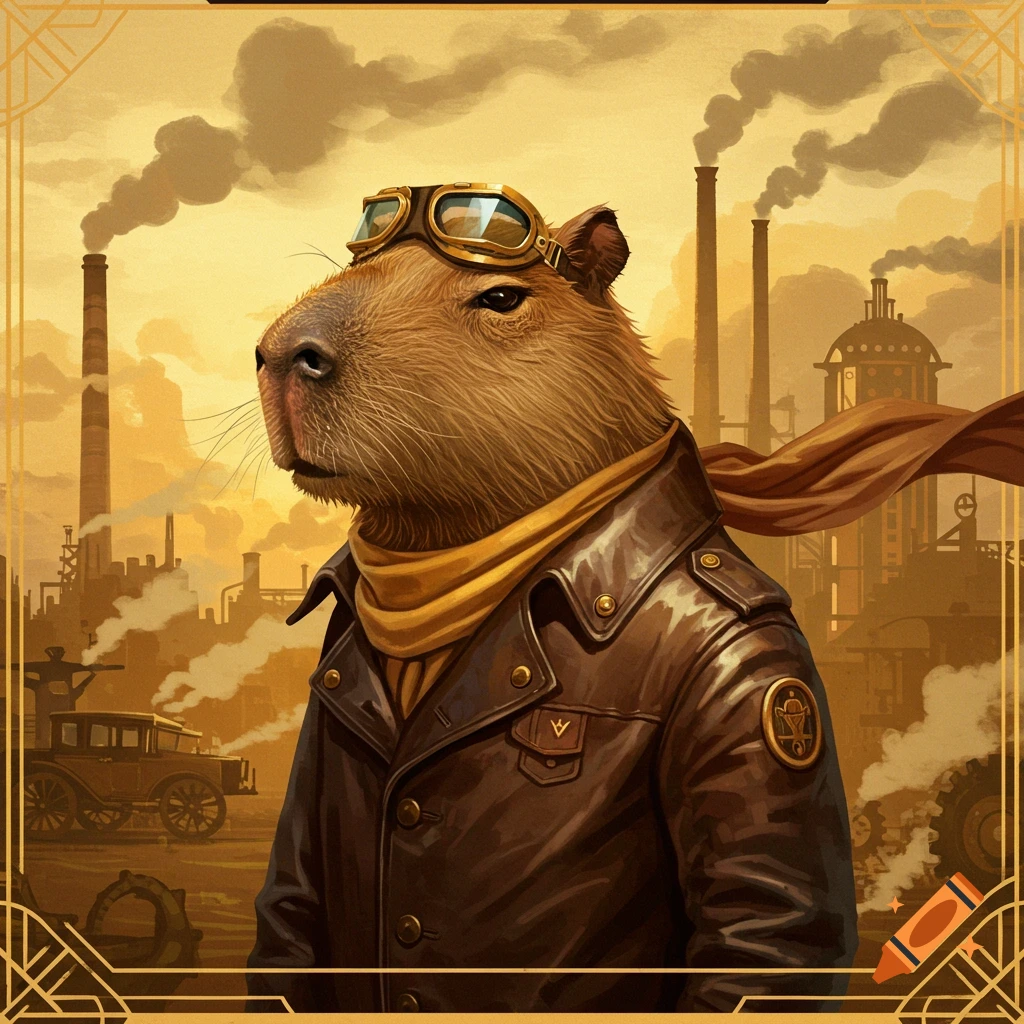 A dieselpunk-style portrait of a capybara wearing pilot goggles and a leather jacket, with a smoky industrial factory background.
