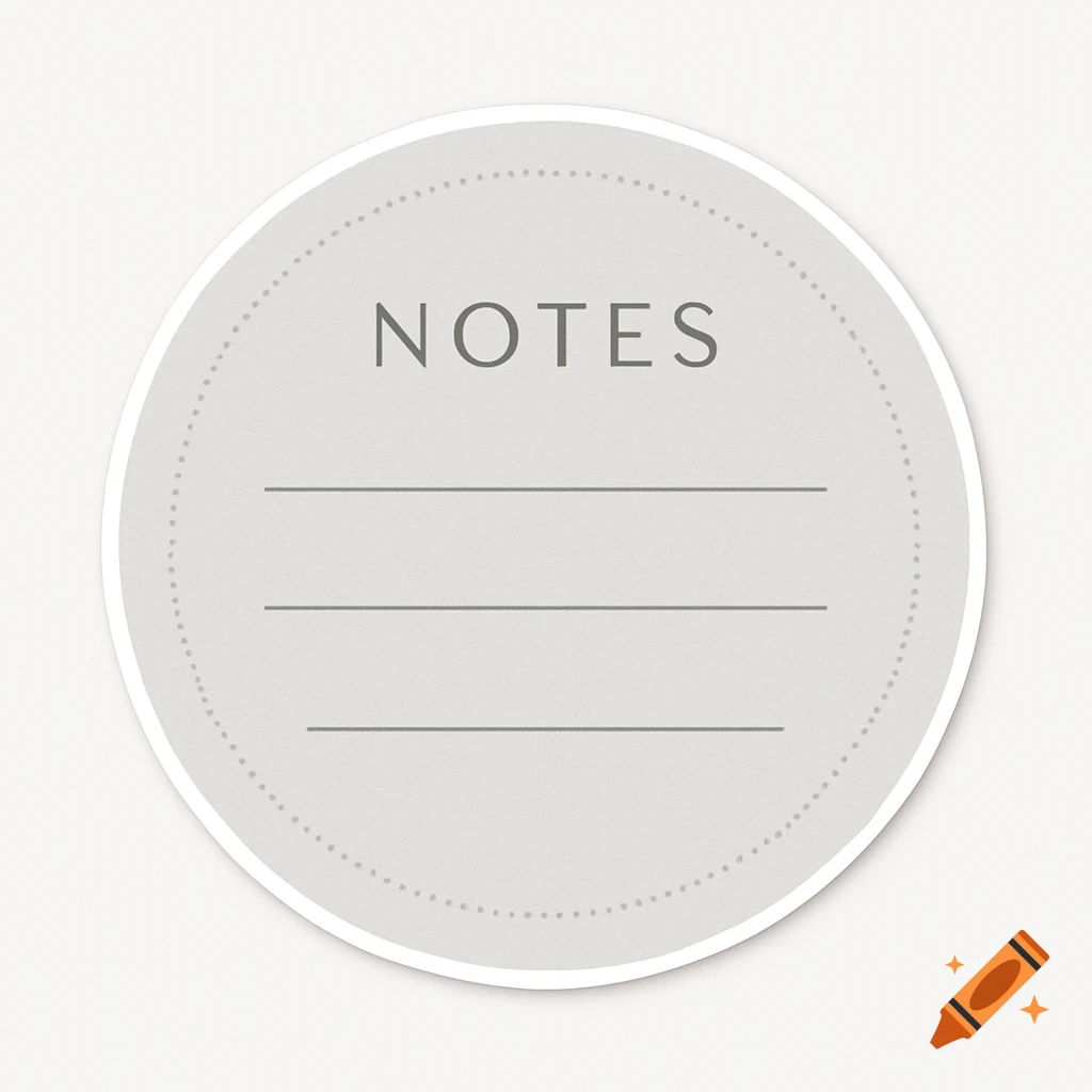 A minimalist light grey circular sticker with 'NOTES' text and three lines.