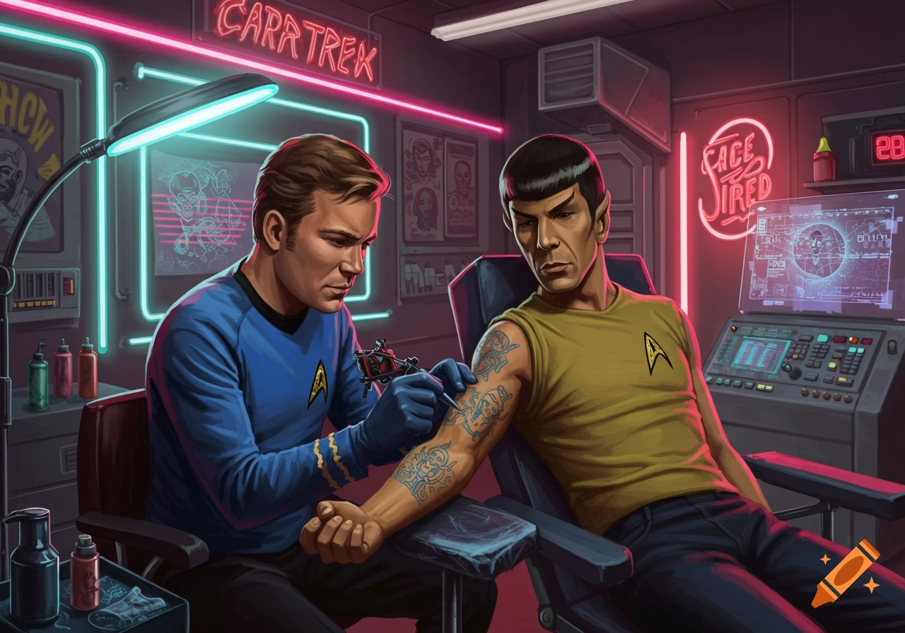 Captain Kirk tattoos Spock's arm in a retro-futuristic tattoo parlor with neon signs that read 'CARR TREK' and 'FACE TIRED.'