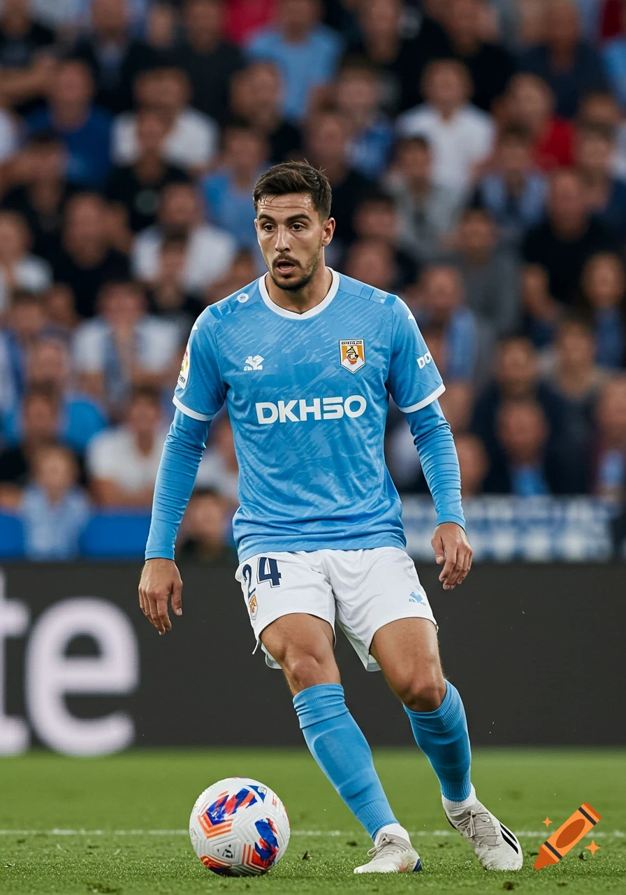 A male soccer player in a light blue long-sleeve jersey and white shorts dribbles a ball on a green field during a game.