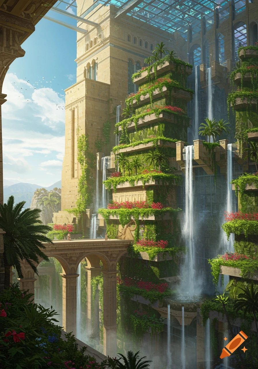 A magnificent terraced building with lush hanging gardens and cascading waterfalls under a clear blue sky, inspired by Babylon.