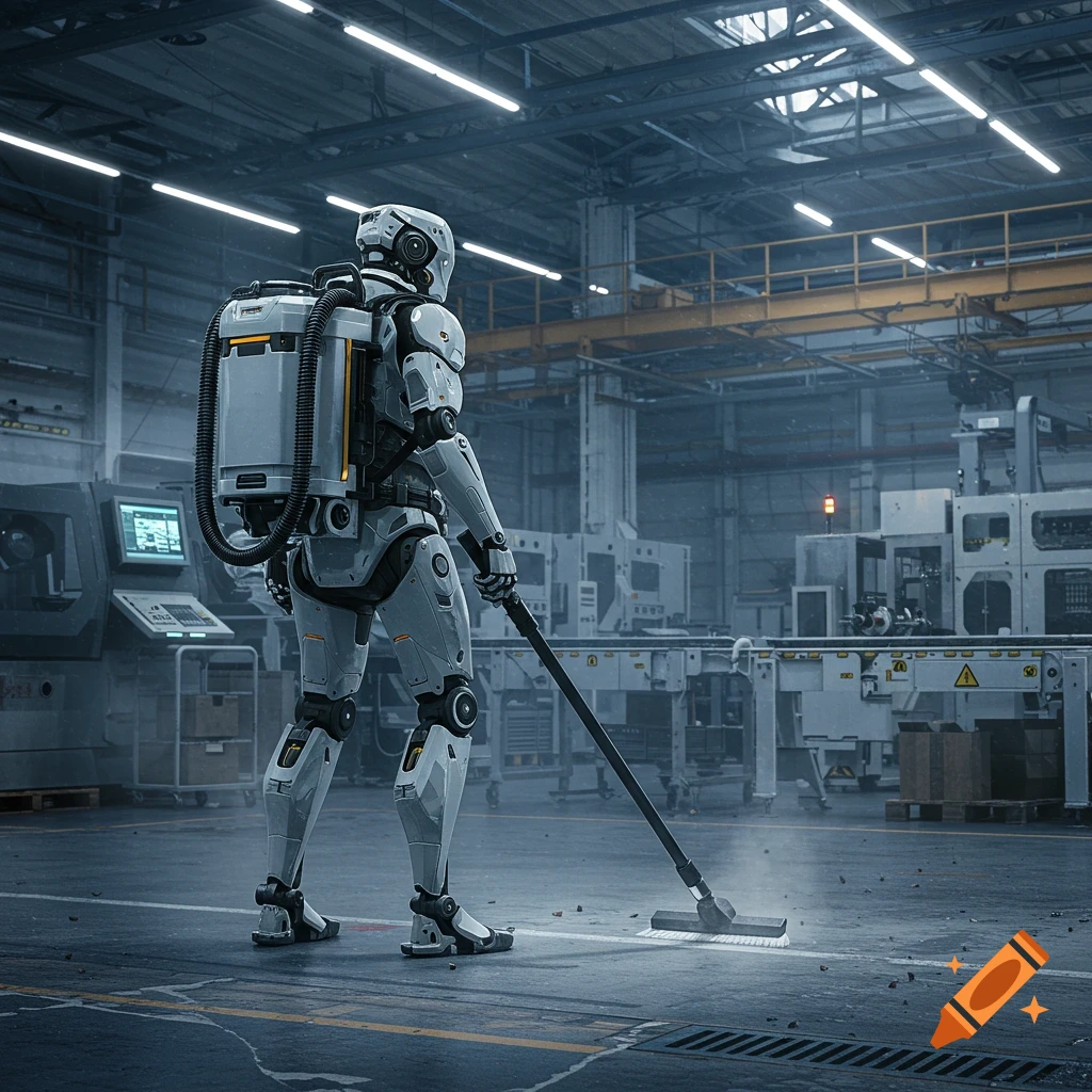 A humanoid robot with a backpack vacuum cleaner mops a dusty factory floor.