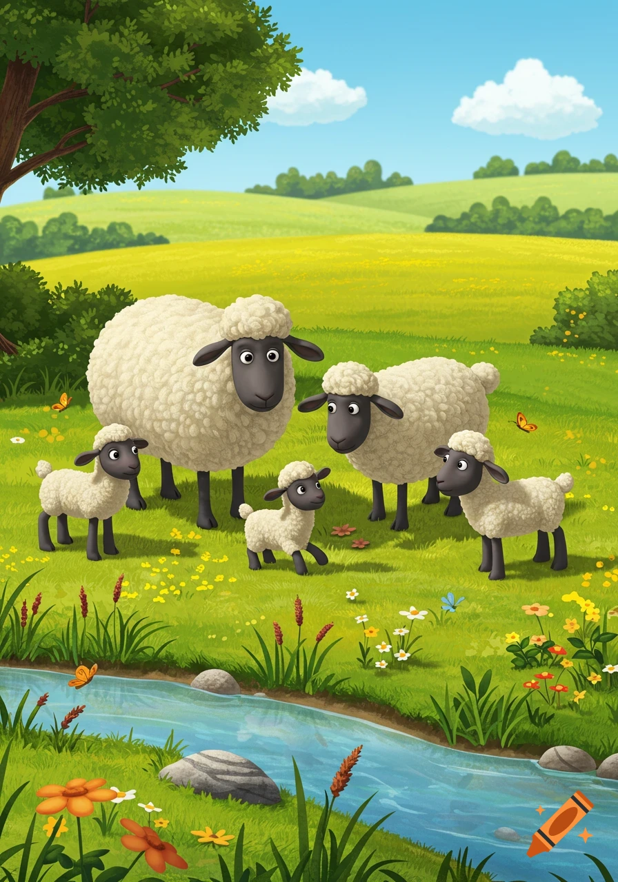 A cartoon family of five sheep, two adults and three lambs, stand in a vibrant green meadow with a stream, flowers, and trees under a blue sky.