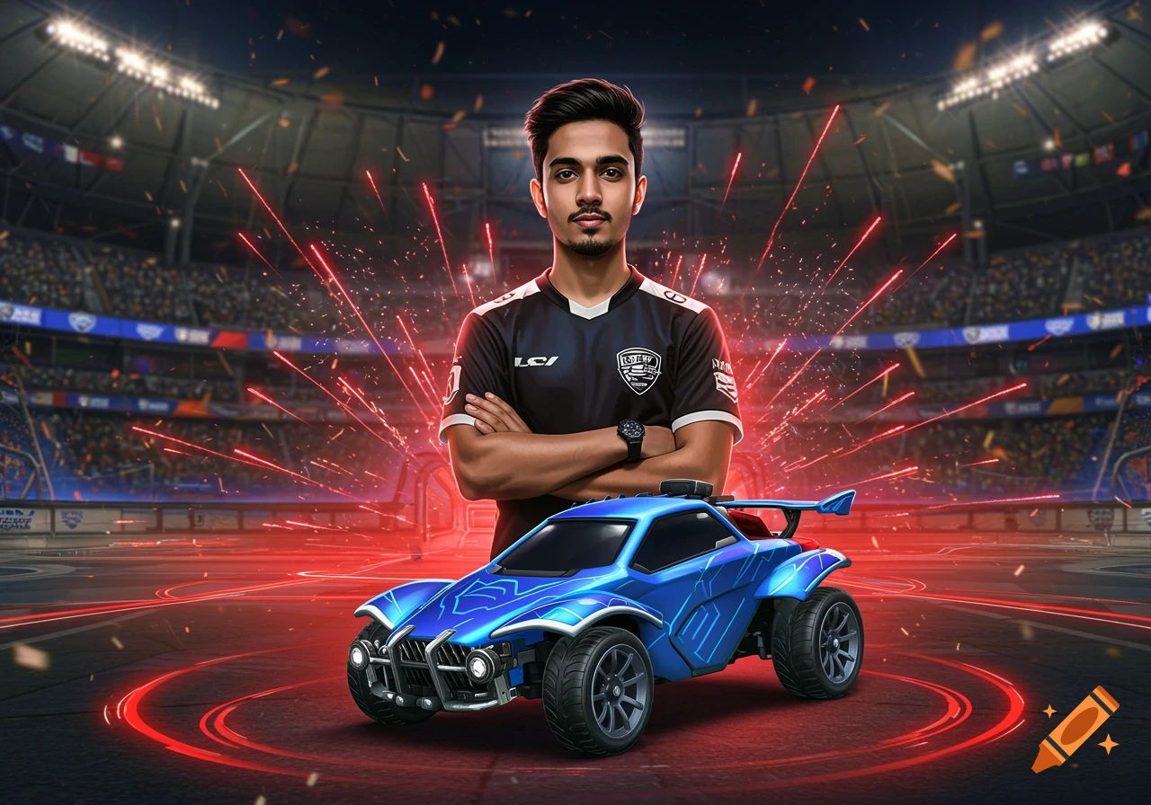 A male e-sports player stands with crossed arms in front of a blue car, set against a vibrant stadium background with red laser lights.