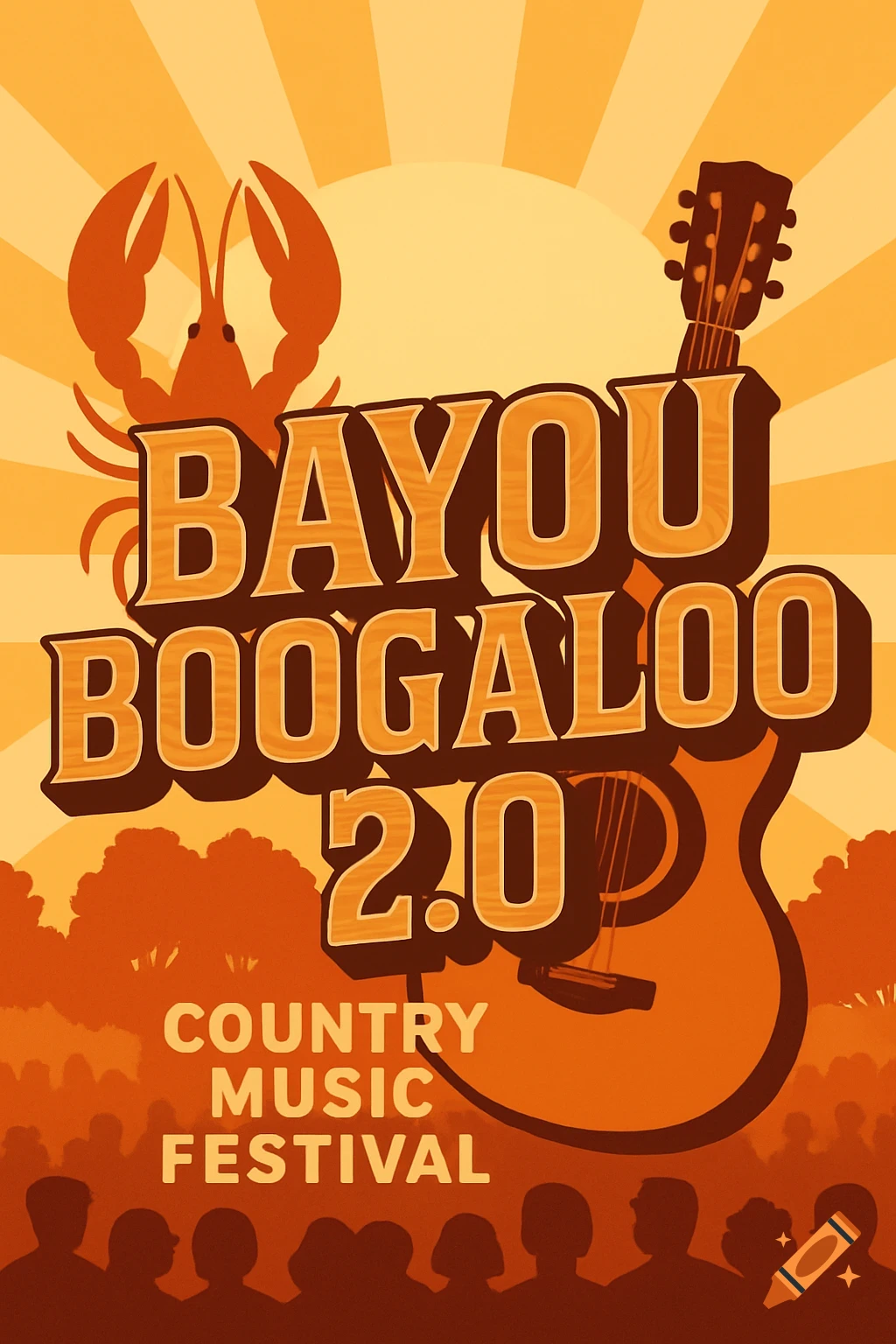 Retro poster for Bayou Boogaloo 2.0 Country Music Festival with a crawfish, guitar, and crowd silhouettes under a sunburst.