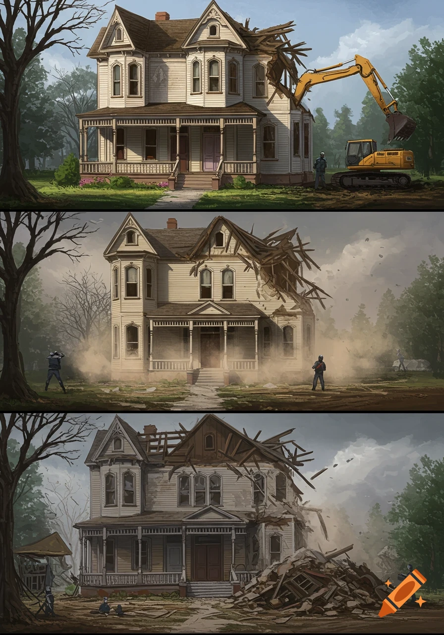 A sequence of three images depicting an old Victorian-style house being progressively demolished by an excavator.