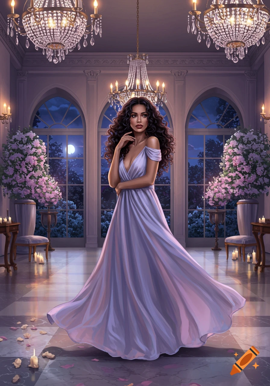 An elegant woman with long curly hair in a flowing lavender gown stands in a grand hall with chandeliers and moonlit windows.
