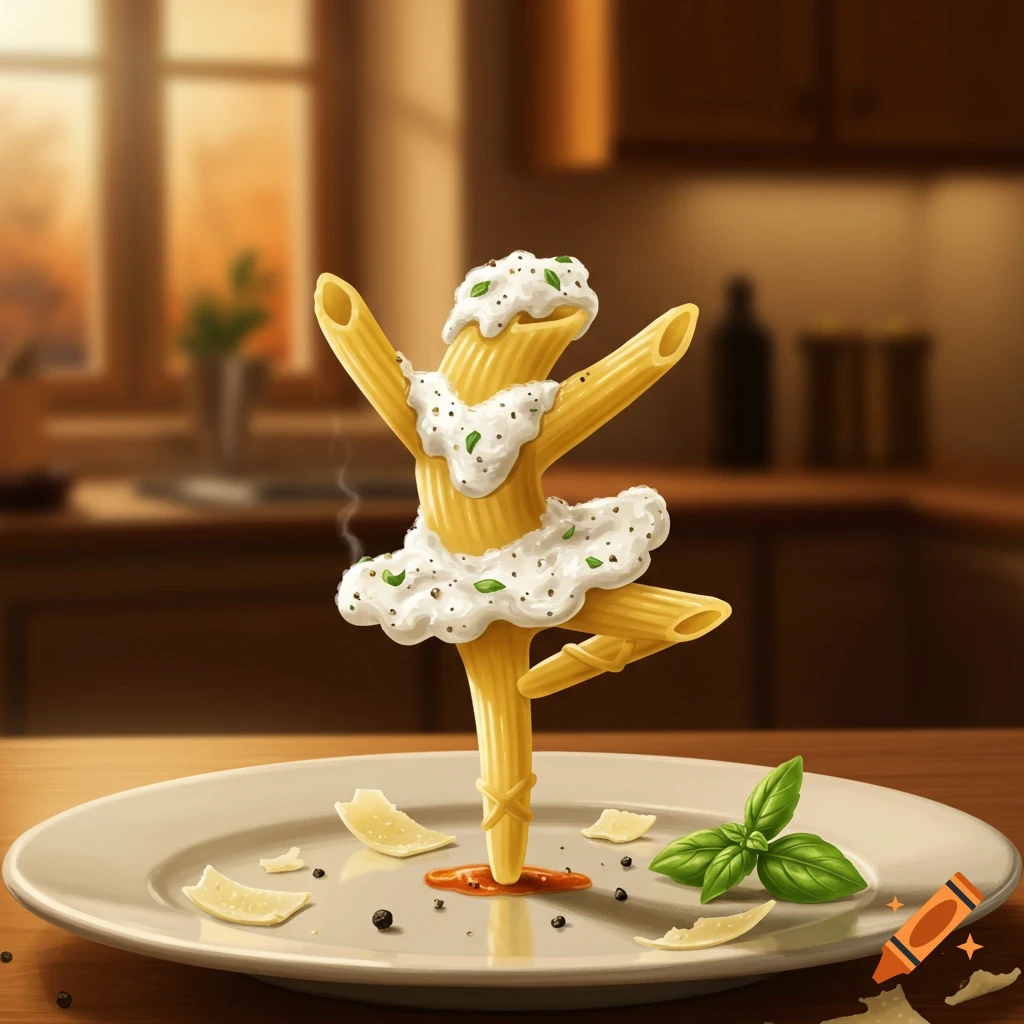 A whimsical penne pasta ballerina, adorned with creamy sauce and green herbs, gracefully balances on a white plate among cheese shavings, basil leaves, and peppercorns in a blurred kitchen setting.