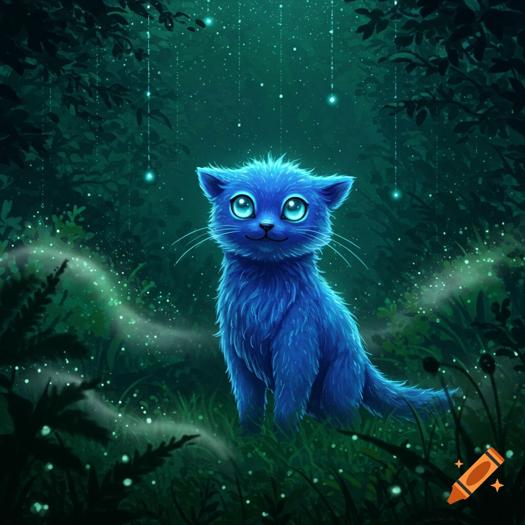 A cute fluffy blue cat with large eyes sits in a dark, magical forest with glowing plants and fireflies.