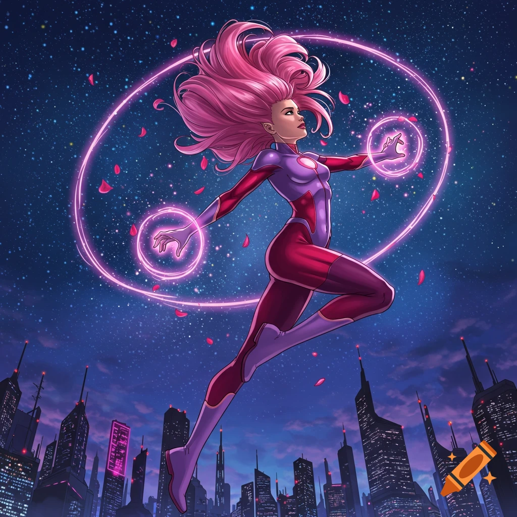 A pink-haired superhero in a red and purple suit floats over a futuristic city at night, creating pink energy, in a comic book style.