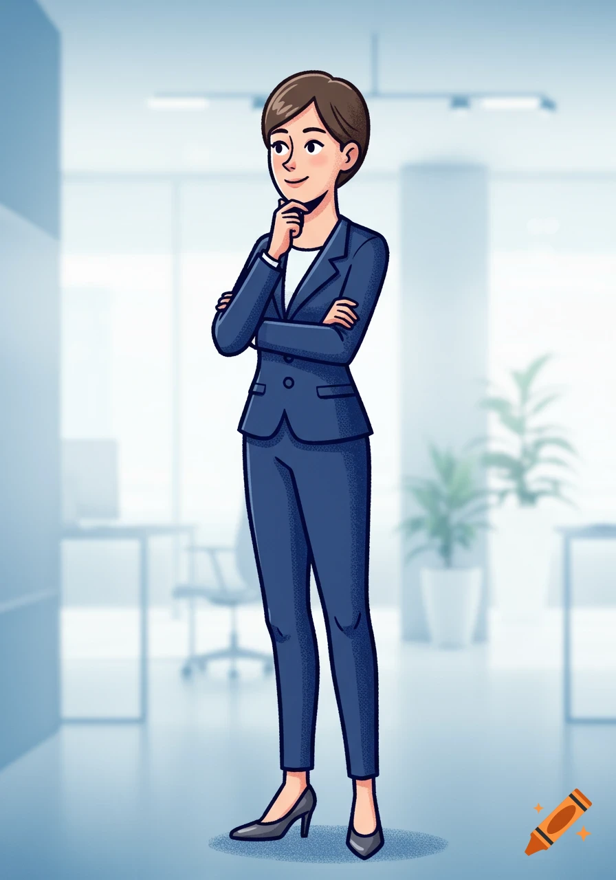 Cartoon illustration of a businesswoman in a blue suit, standing and thinking in an office.