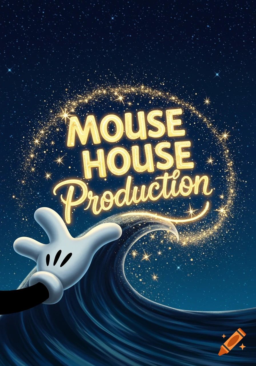 A cartoon Mickey Mouse hand waves under a starry night sky, with a trail of sparkling gold dust forming the glowing words "MOUSE HOUSE Production" and a blue wave.