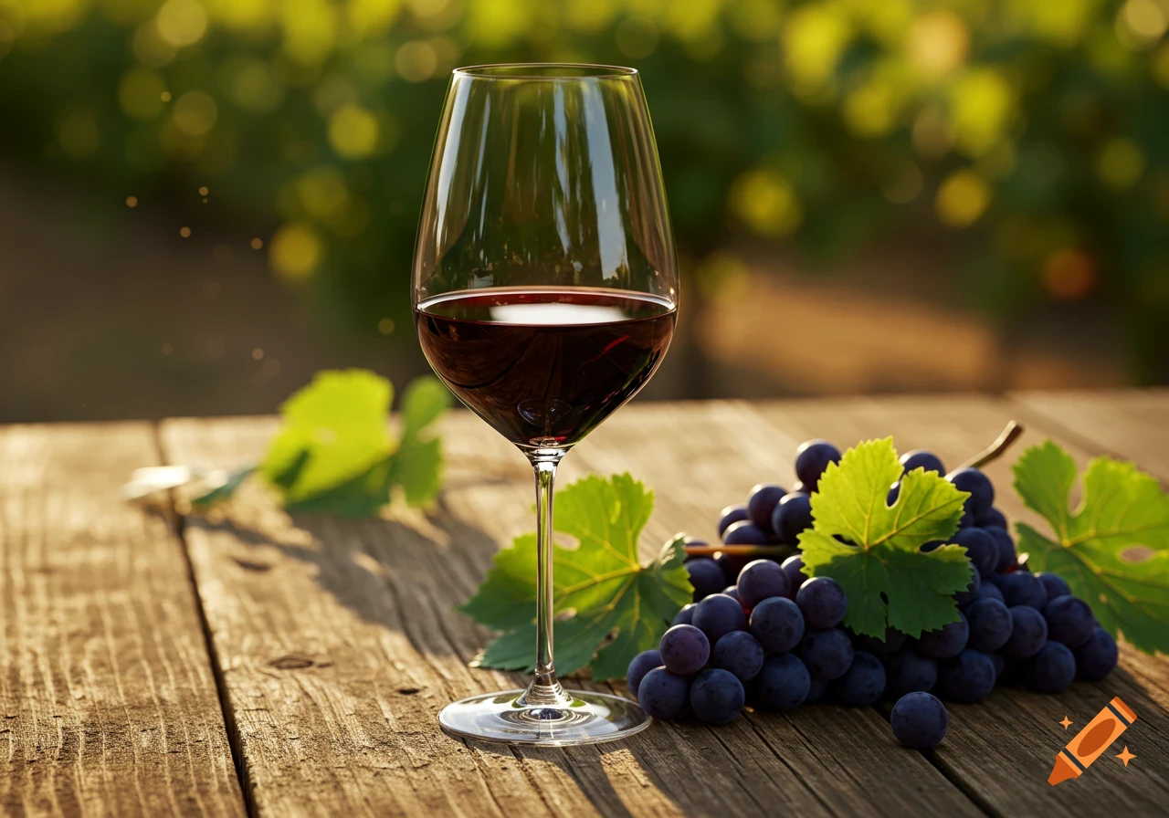 A glass of red wine and a bunch of dark grapes sit on a rustic wooden table, with a blurred green vineyard in the background, bathed in warm sunlight.
