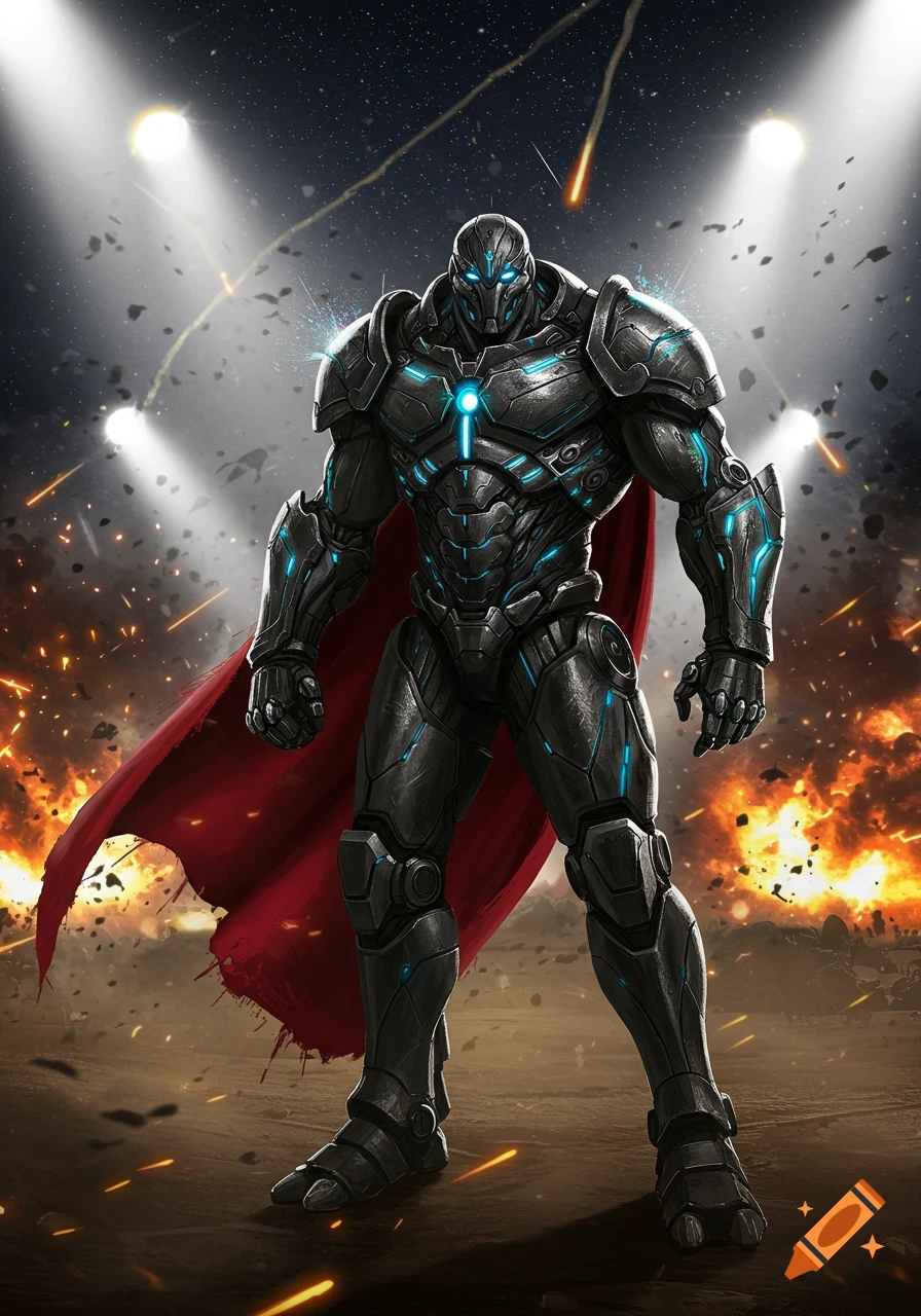A powerful dark grey robot with blue glowing armor and a red cape stands on a fiery battlefield under a starry sky.