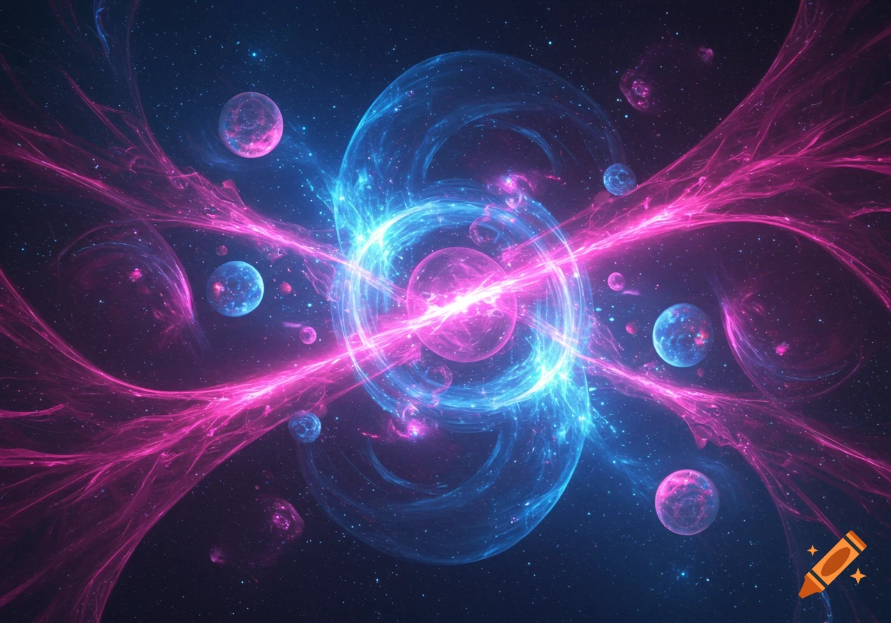 Abstract cosmic scene with glowing pink and blue energy, spheres, and stars.