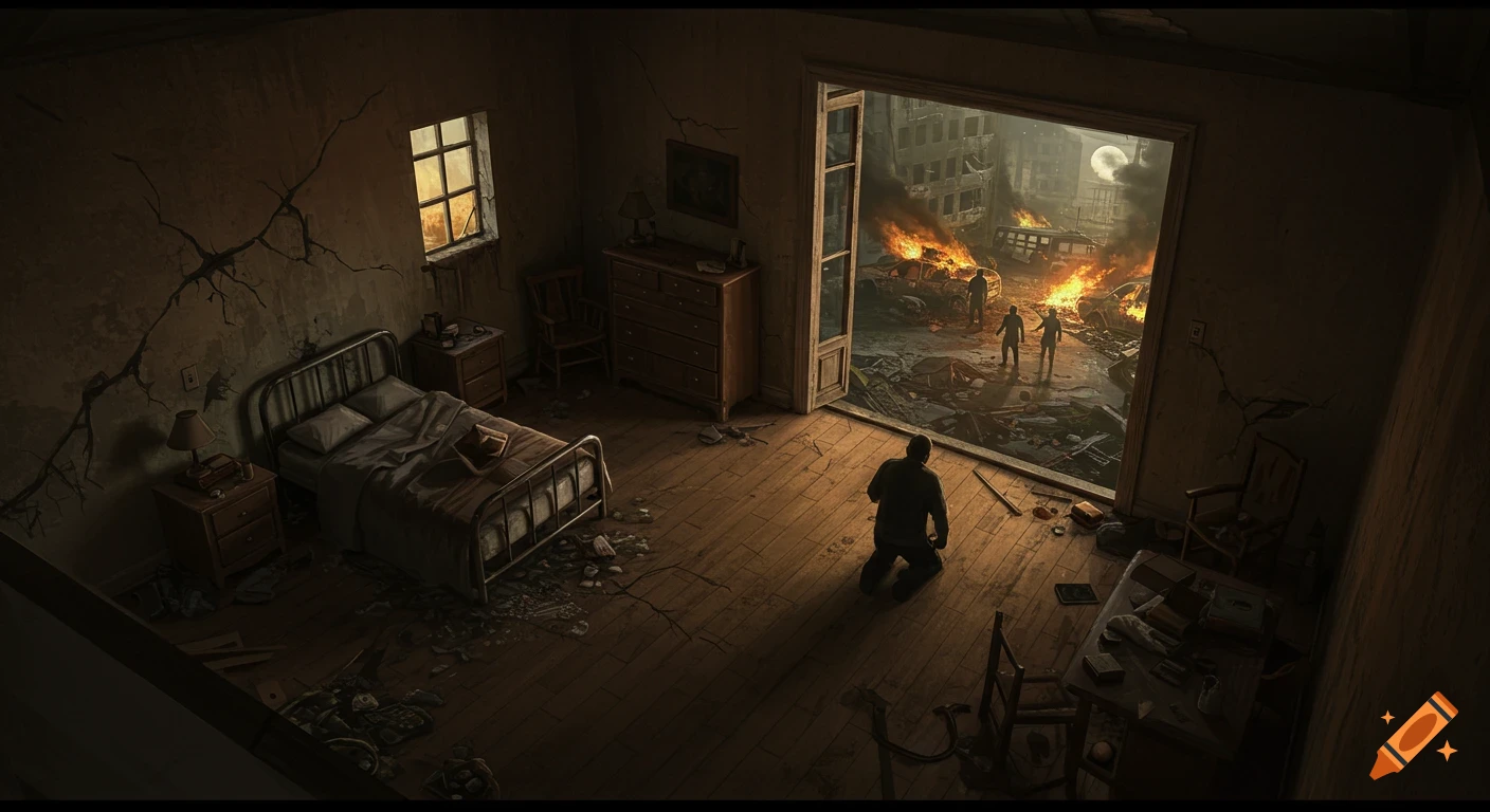 A man kneels in a dark, dilapidated room, looking out an open doorway at a burning, destroyed city street with figures and a full moon in the sky.
