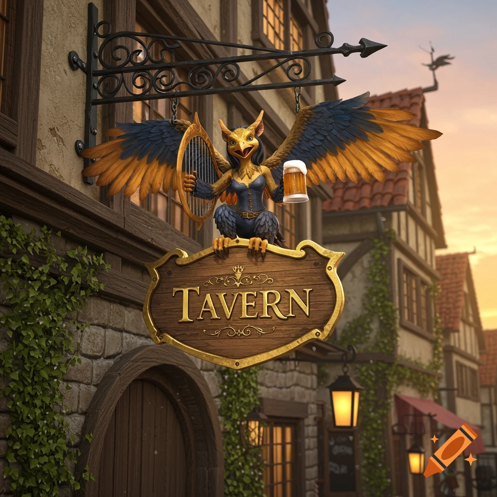 A detailed fantasy tavern sign featuring a winged harpy holding a beer mug, hanging above a pub door in a medieval-style street.