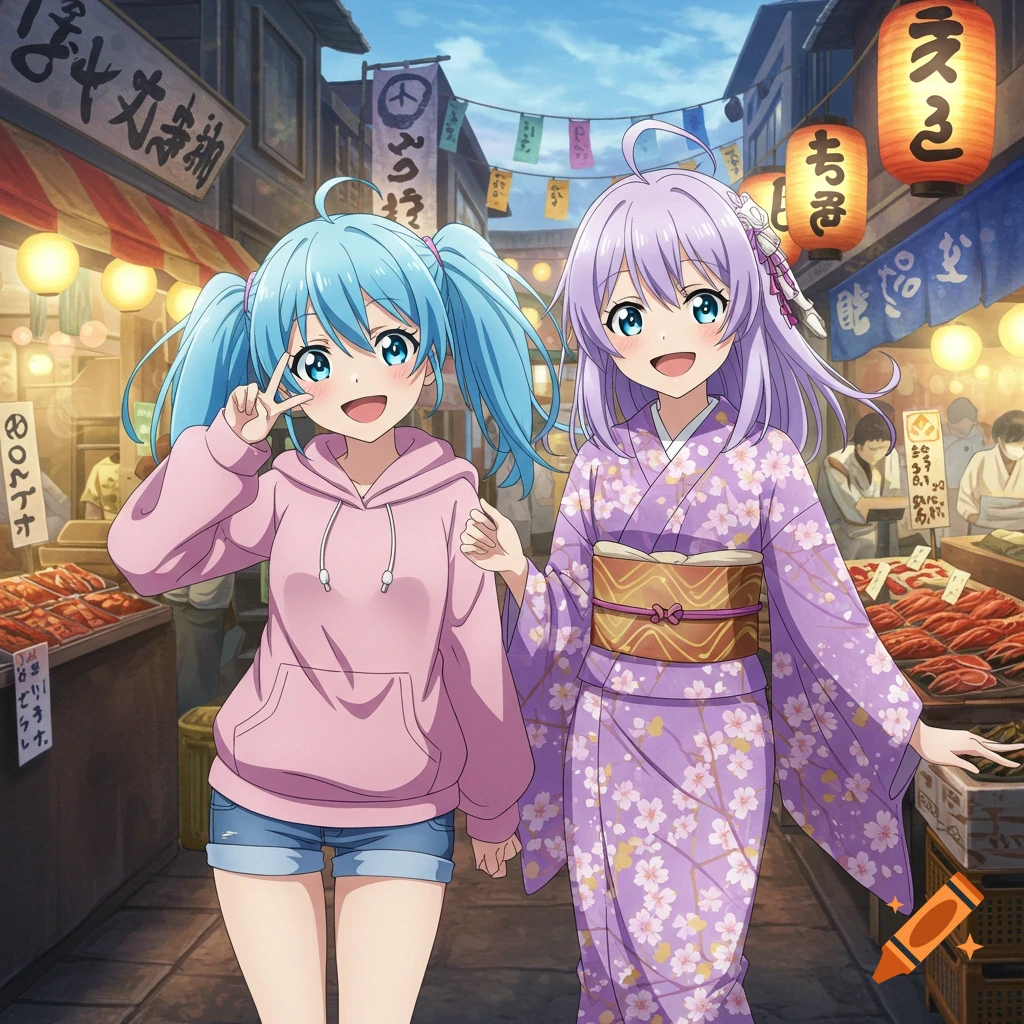 Two smiling anime girls, one with blue pigtails in a pink hoodie and shorts, and one with lavender hair in a purple floral kimono, walk together down a bustling market street lined with shops and lanterns.